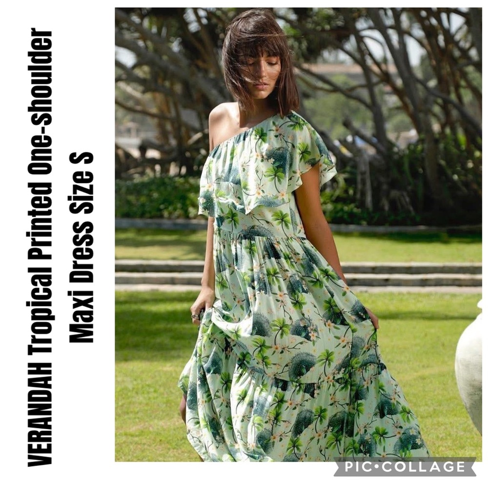 VERANDAH Tropical Printed One-shoulder Maxi Dress Size S